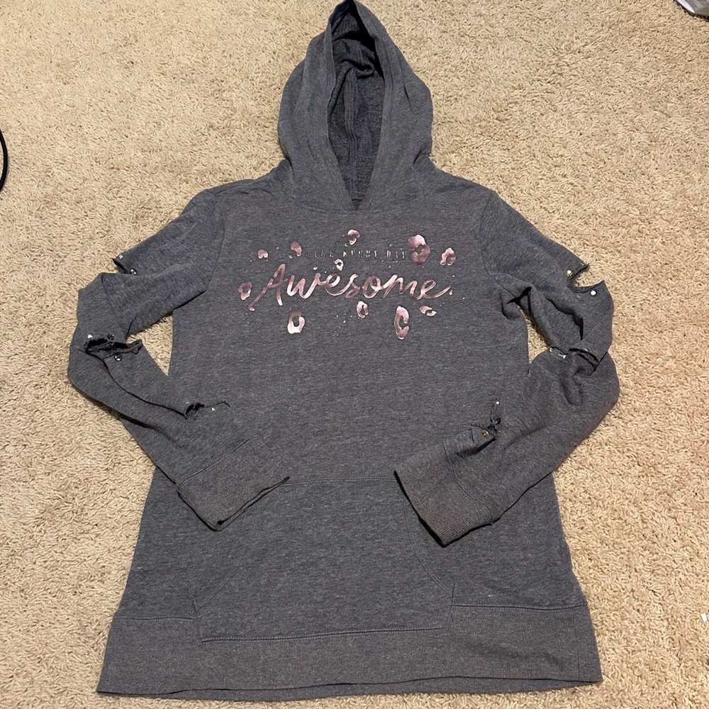 Justice girls 14/16 gray make every day awesome hoodie with sleeve cut outs